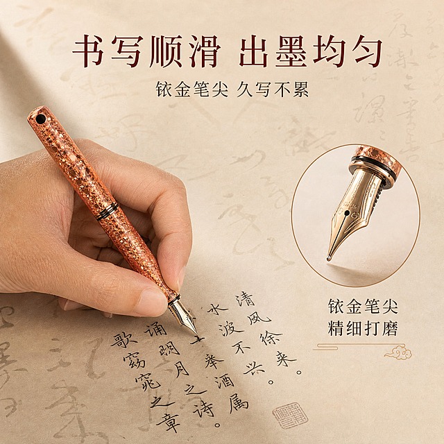 [主图-2] 斑铜钢笔核心卖点证明，突出书写顺滑与出墨均匀的使用体验。
[统一基调] 东方雅致非遗风格，背景主色为暖米白宣纸纹理，标题字色为深棕红，辅助字色为深褐色，强调色为斑铜金铜色，字体为宋体衬线体，字号层级分明，无厚重边框，整体干净高级有文化底蕴。
[画面] 画面左侧是一只成年男性的右手，正握着斑铜钢笔在宣纸上书写，笔尖接触纸面，有黑色墨迹写出的汉字笔画清晰可见。钢笔斜向右上方，笔身斑铜纹理在光线下闪耀。画面右侧是放大的笔尖特写小窗，展示铱金笔尖的精细做工和出墨状态。背景是铺开的米白色宣纸，上面有淡淡的书法字迹。
[光影质感] 自然光从左上方照入，手部光影自然，钢笔金属光泽柔和，笔尖细节清晰，宣纸纹理真实，整体温暖柔和的书写氛围。
[配色] 暖米白宣纸背景，深棕红标题，深褐辅助文字，斑铜金铜色笔身，黑色墨迹。
[文字版式] 画面上方横排主标题"书写顺滑 出墨均匀"，下方小号文字"铱金笔尖 久写不累"，右下角小窗旁标注"铱金笔尖 精细打磨"。文字放在上方和右侧负空间，不遮挡手部和钢笔主体。
[输出要求] 1:1正方形比例，2048x2048，文字清晰，产品清晰，笔尖细节锐利。负向：手部畸形、手指融合、错字、模糊、水印、平台Logo、塑料质感、墨迹晕染过度、钢笔悬浮。