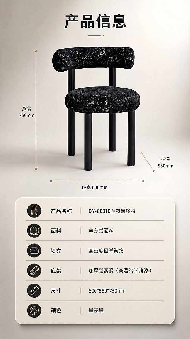 [商品] 使用【图1】DY-8831B墨夜黑餐椅正视图；保留产品全貌、结构比例与黑色调；产品清晰展示，作为参数页主视觉。
[画面] 页面目标：产品信息规格参数收口页。上半部分餐椅正视图（带尺寸引线标注总高、座宽、座深），下半部分规整参数表格。背景为浅灰渐变，简洁专业。
[视觉] 套系策略：风格=现代轻奢高级商业摄影；标题字=现代无衬线粗体；正文字=简洁无衬线体；主色=墨夜黑；背景延展=基于墨夜黑做深浅层级、同色渐变与细腻哑光质感，搭配暖米色与深棕软装；强调色=暖金色，仅用于小面积图标、引线和标签；标题色=墨夜黑；正文色=深暖灰；组件=圆角浅底信息卡、细线引线、金色点缀；光影=左前侧暖柔光，背景暖调氛围光。
[文字] 顶部标题"产品信息"。参数表包含：产品名称"DY-8831B墨夜黑餐椅"、面料"羊羔绒面料"、填充"高密度回弹海绵"、底架"加厚碳素钢（高温纳米烤漆）"、尺寸"600*550*750mm"、颜色"墨夜黑"。文字横向排版，清晰易读。
[规格] 图片比例9:16竖版，4K，避免变形、错字、文字过小、冷蓝背景、产品颜色改变、结构失真、极限词。