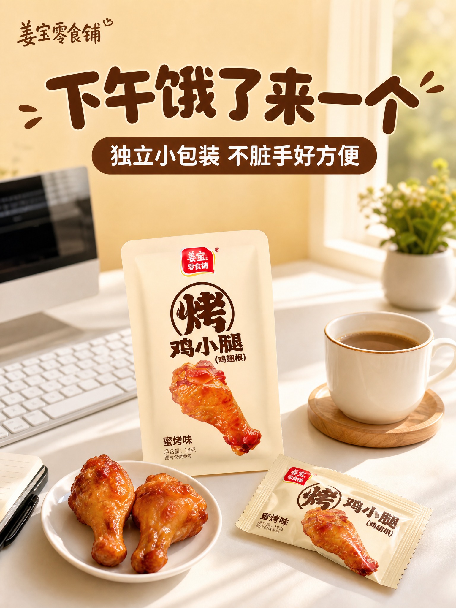 [淘宝-姜宝零食铺-3:4主图4] 办公场景，暖棕调亲切风格。… - 图片创意预览