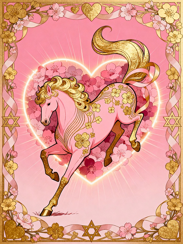 新中式扁平插画风格，明亮饱和的画面，细节丰富，风格参考新艺术运动（Art Nouveau），粉金色调画面。侧面马：粉底色、细腻金色纹理装饰的马（鬃毛呈夸张卷曲造型，毛发飘逸，躯体有细密的曲线金黄桃花纹饰与线条肌理，弯曲大长尾巴渐变成丝带环绕身体，尾巴向上翘），马呈现从上往下冲的姿态，屁股高翘，前蹄触地后蹄收缩；骏马位于画面中心，一圈爱心环绕马（部分发光，有细线）；场景设定为暖粉渐变背景（放射状光效，许多深浅不一的粉色桃花图形层叠，明亮），爱心装饰元素，边框环绕纹饰（金黄桃花、樱花、爱心装饰元素），细节丰富的六芒星，有粗细变化的丝带环绕边框。以流畅曲线、繁复装饰纹样为核心，兼具华丽复古感与艺术装饰性，场景设定为暖粉渐变背景，边框层次丰富。