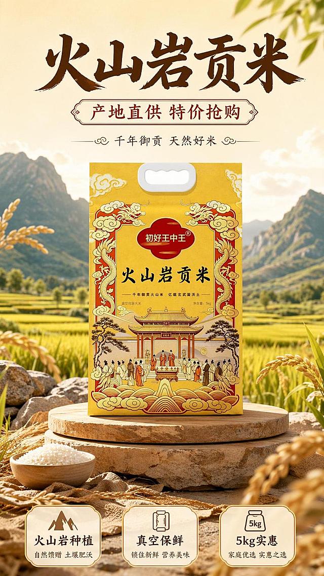 商品营销促销海报，主题为火山岩贡米限时特价，采用食材产地风促销风格，写实商业摄影，9:16比例，版式精美。主标题“火山岩贡米”，副标题“产地直供 特价抢购”，装饰文案“千年御贡 天然好米”，卖点标签“火山岩种植”“真空保鲜”“5kg实惠”。
100% 还原上传商品图的产品外形、包装、LOGO、印刷文字、净含量，以上传图为唯一商品主体来源，完整保留原图中的袋装轮廓、结构、比例、品牌logo、产品文字、容量信息、材质质感、颜色与正面朝向，包装、配色、产品结构与标签布局均与上传图保持一致；设计仅作用于背景、光影、道具、版式和文字区；商品主体居中放置，比例约65%，文字不遮挡主体。
浅米黄渐变底搭配自然远山稻田背景，营造产地天然氛围，采用阶梯展台承托产品，前景点缀虚化稻穗，景深效果突出主体。暖调自然光，整体呈现新鲜天然的食欲感与促销氛围，画质超高清4K，四边保留安全边距，文字清晰可读。
