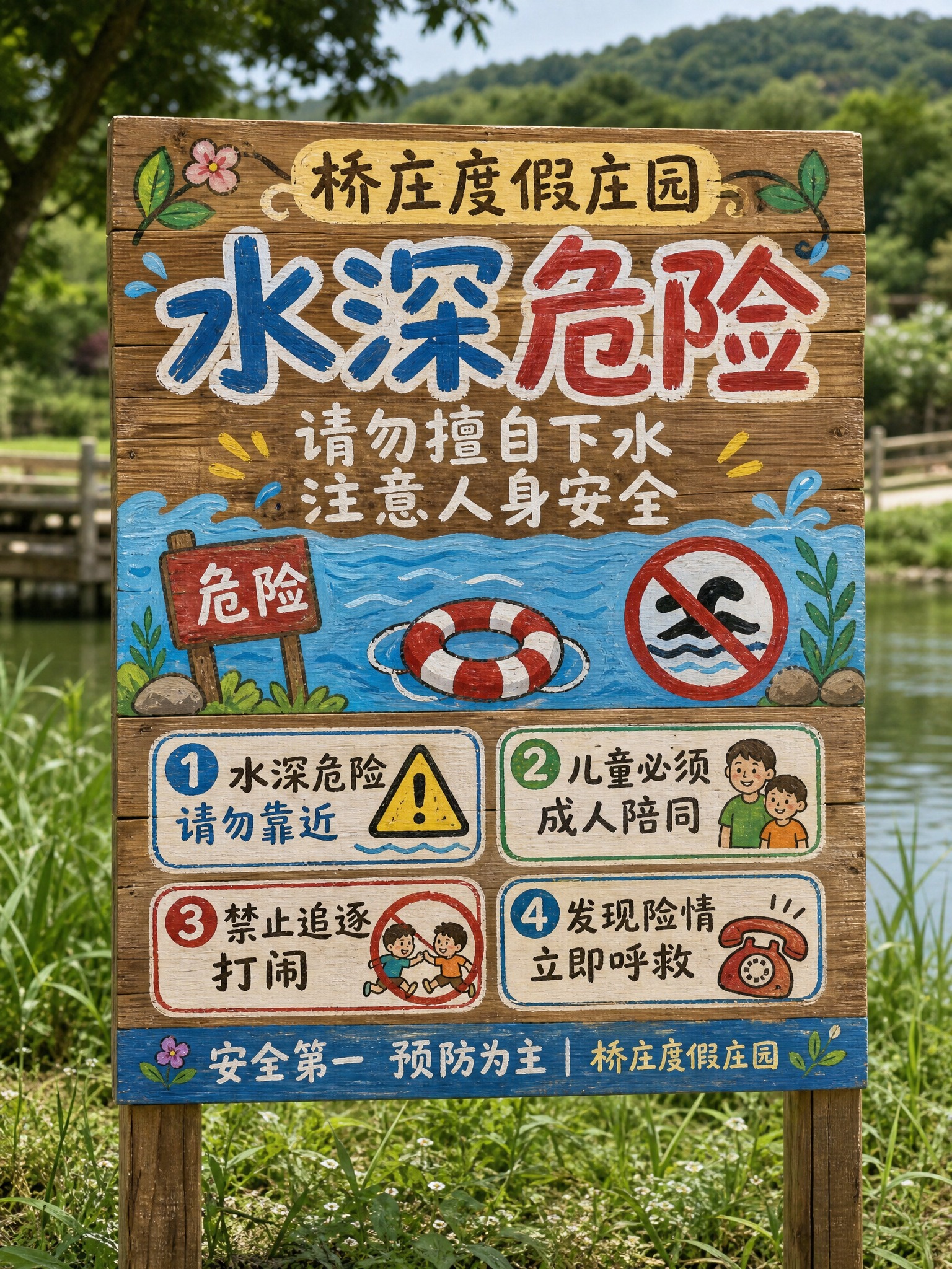 手绘涂鸦风格实木告示牌，质朴原木拼接木板材质，自然木纹清晰可见… - 图片创意预览