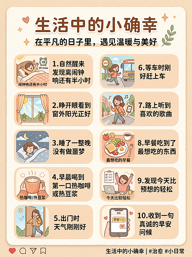 生成一张3:4比例的小红书图文图片，主题是"生活中的小确幸"，副标题为"在平凡的日子里，遇见温暖与美好"，分板块列出10件早晨的美好小事：
1. 自然醒来 发现离闹钟响还有半小时
2. 睁开眼看到窗外阳光正好
3. 睡了一整晚没有做噩梦
4. 早晨喝到第一口热咖啡或热豆浆
5. 出门时天气刚刚好
6. 等车时刚好赶上车
7. 路上听到喜欢的歌曲
8. 早餐吃到了最想吃的东西
9. 发现今天比预想的轻松
10. 收到一句真诚的早安问候
整体风格温暖治愈，浅米色暖色调，适合小红书平台，保留原图文的排版和文字内容，尺寸比例为3:4。