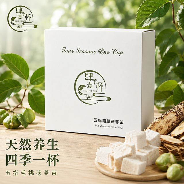 [主图-1] 五指毛桃茯苓茶产品首图。保持原产品外观（物理结构、材质质感、颜色）与输入产品图绝对一致，杜绝任何变形和色差，精细化处理。
氛围风格：小清新高端自然风，清透养生氛围
画质：商业摄影质感，光线柔和通透，产品清晰真实，画面干净高级，商品主体占比约70%，画面满屏无边框。
元素：产品包装盒居中展示，放置在浅色原木茶桌，背景是清新绿色毛桃树叶片和茯苓块天然植物元素，营造自然产地氛围，增加自然养生联想。左上角负空间放置提取的品牌Logo"肆季壹杯"，保持原字形配色。
光影：自然柔光从左侧照射，光线通透，阴影柔和，突出产品干净质感。
配色：主色调清新浅绿和原木米白，自然清爽，和产品养生属性匹配。
视角构图：平视角度，景深适中，产品完整不裁切，主体突出。
文字版式：左下角主文案大字"天然养生 四季一杯"，深绿色粗体，辅助小字"五指毛桃茯苓茶"，浅绿同色系，文字不遮挡产品。
比例分辨率：1:1比例，2048*2048分辨率，文字清晰可辨，超高清。
负向提示词：变形，水印，文字错乱，产品图模糊，背景杂乱