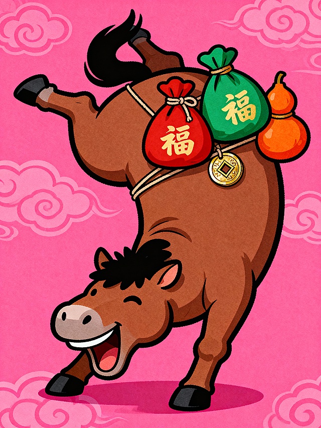 肥马开心的昂头，肥马（占画面比例70%），黑色描边插画细节如下：棕身黑首的卡通马在做倒立动作（张嘴笑，头朝下，头小，身体硕大，翘起屁股顶东西，前脚撑地），马身驮载（用线绑）带 “福” 字的红 、绿钱袋、金色铜钱（铜钱嵌 “福” 字）、橙色葫芦；场景设定为高饱和度粉色背景，粉色祥云暗纹装饰；造型圆润夸张，色彩鲜艳明快；色调色彩以高饱和靓丽粉色（背景）；构图视角为正方形构图，马匹居中分布，铜钱带有菱形花纹装饰，钱袋有束口绳细节，马匹动态带有夸张的肢体张力。
