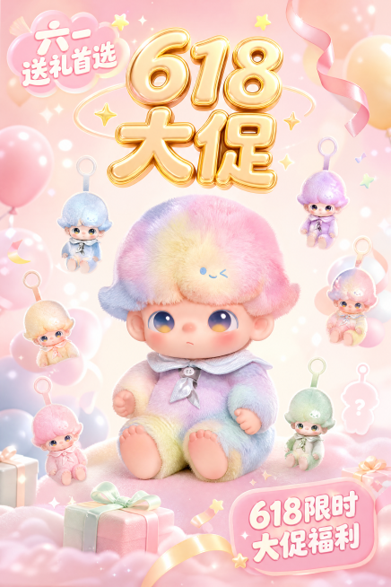 「图片1」POP MART泡泡玛特DIMOO新生日记系列搪胶毛绒挂件盲盒主题，融合618年中大促与六一儿童节双活动氛围，整体风格软萌治愈、潮流可爱，马卡龙高级配色，主色调为浅樱花粉、奶白色、浅薄荷绿，预览效果