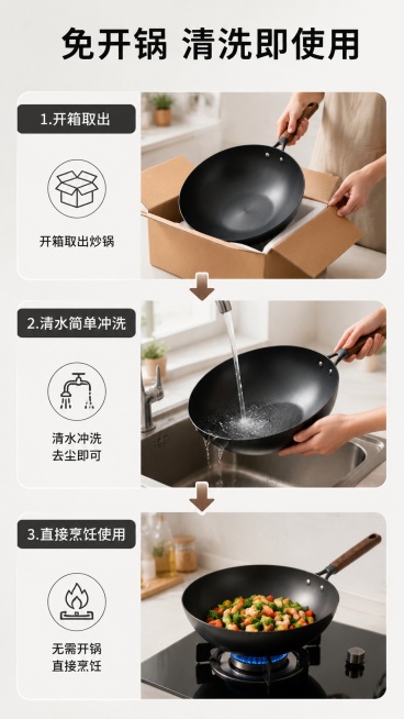 [第4屏] 功能演示，展示免开锅清洗即用的便捷特点。本屏使用【图1】作为产品主体。
[氛围/风格] 生活化演示，真实厨房场景，自然光线，清新干净风格。
[元素布局] 三步骤竖排流程展示，从上到下：第一预览效果