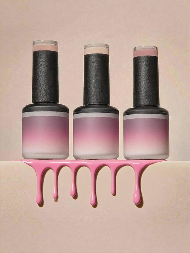 主体放在米色台面上，液体从瓶底流出，形成粉色、浅粉色等渐变的滴落状液体，突出流动质感，浅米色背景