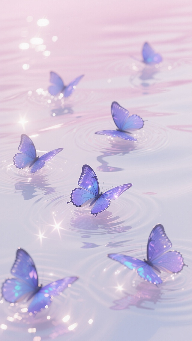 几只蓝紫色优雅精致的透明闪光蝴蝶，漂浮在浅白色和浅粉色的水面上，翅膀半透明且闪烁着光芒，自然光线映照下，在水面上反射出点点星光。画面采用微妙柔和的色调，光影分散，反射效果突出，整体以白色、浅银色和浅粉色为主，呈现出梦幻般的粉彩色调