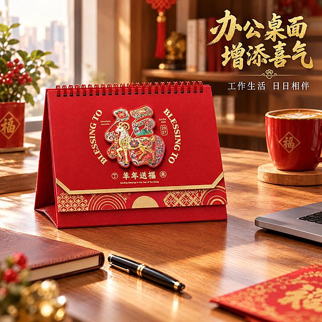 [主图-4] 使用场景展示，主题：桌面摆件 办公居家两相宜。
[统一基调] 国潮喜庆风格，红金主色调，标题字体为大气书法体金色，辅助文字为白色宋体，整体高端精致有质感。
[画面] 真实办公桌面场景，木质桌面上摆放着羊年送福款台历，旁边有笔记本、钢笔、咖啡杯等办公用品，台历位于画面中心偏左位置，45度视角，自然摆放。画面右上角有金色标题"办公桌面 增添喜气"，下方小字"工作生活 日日相伴"。台历占画面40%，场景自然真实。
[光影质感] 自然光感，窗边柔和光线，桌面有自然光影，台历融入场景自然，无悬浮感，材质真实。
[配色] 场景以暖木色为主，台历红色成为视觉焦点，搭配金色文字，整体温暖喜庆。
[文字版式] 右上角金色标题+白色辅助文字，右对齐，文字不遮挡台历主体。
[输出要求] 1:1正方形比例，2K分辨率，场景真实自然，台历清晰，光影和谐，无变形错字，无水印无平台Logo。