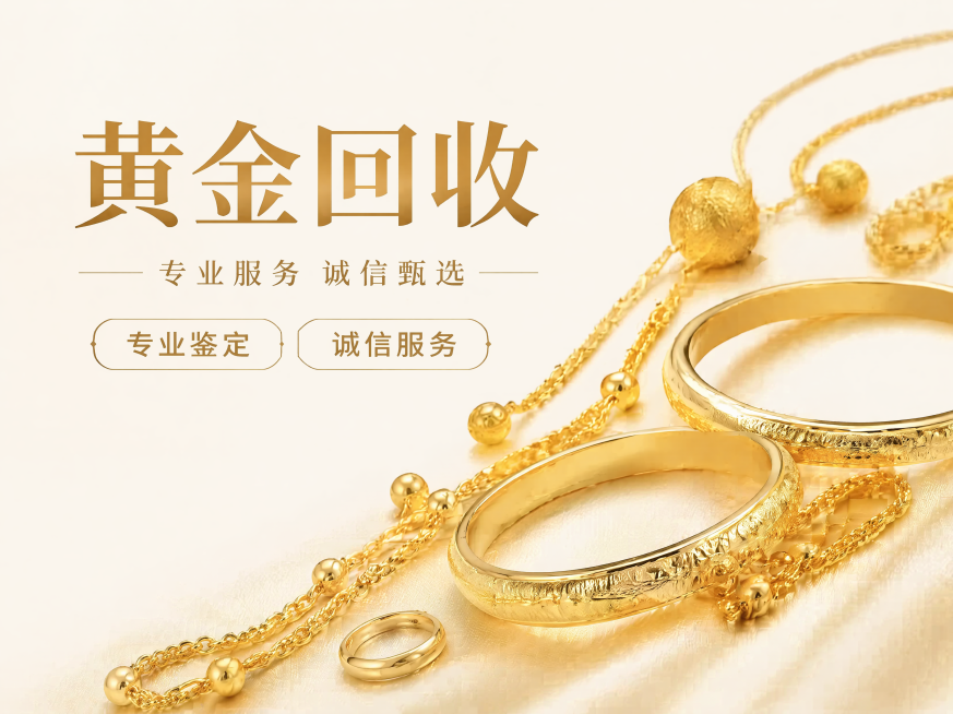 基于参考图生成黄金回收4:3海报，保留主题文案"黄金回收" "专业服务 诚信甄选" "专业鉴定" "诚信服务"，不要出现价格、电话、变现词汇、钻石及钻石标志，采用对角线构图，黄金饰品沿对角斜线摆放，页预览效果