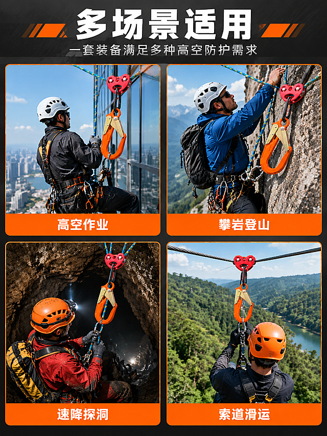 [商品] 使用【图1】橙色自锁安全钩+红色双滑轮；每个场景小图中嵌入产品使用状态，保留产品颜色和核心结构；产品在各场景中按真实使用方式呈现。
[画面] 页面目标：多场景适配展示，说明广泛用途；构图：2x2四宫格场景拼图，顶部标题区；每个场景格占画面约35%；景别：各场景为中景，产品在场景中自然使用状态；四个场景分别为：左上-高空外墙作业（工人系安全绳在玻璃幕墙外）、右上-攀岩登山（岩壁攀登者挂锁保护）、左下-速降探洞（洞穴速降场景）、右下-索道运输（丛林索道滑索场景）。
[视觉] 套系策略：风格=工业硬核商业摄影风；标题字=粗黑无衬线工业字体；正文字=简洁无衬线体；主色=深炭灰+工业橙；背景延展=深灰底，四格场景图带橙色细边框分隔；强调色=亮橙色，用于场景标签和边框；标题色=白色；正文色=浅灰色；组件=橙色场景标签条、细边框分格；光影=各场景自然光影，产品在场景中受光一致，带真实阴影。
[文字] 顶部主标题「多场景适用」（5字），副标题「一套装备满足多种高空防护需求」（12字）；四个场景分别标注：「高空作业」「攀岩登山」「速降探洞」「索道滑运」，每个标签4字，置于对应场景图底部横条上。
[规格] 图片比例3:4竖版，分辨率4K，负向提示：避免变形、错字、文字过小、产品比例失调、场景虚假、极限词、竖排文字。