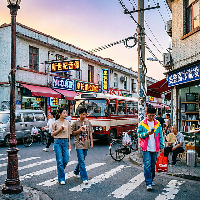 千禧年代（2000年代初）的中国城市街道景象，Y2K复古风格。画面是一条热闹的临街商业街：街边两三层的老式商铺，密集的彩色招牌与霓虹灯牌（繁体/简体中文广告字），红色遮阳棚，玻璃橱窗里摆着老式电视机、VCD、翻盖手机等商品；电线杆上缠绕的电线纵横交错；路边停着银灰色面包车与老式自行车，一辆红白相间的旧式公交车正在驶过；行人穿着喇叭牛仔裤、宽大T恤、运动外套，手里拿着塑料杯奶茶和翻盖手机，有人拎着塑料袋购物；柏油路面有斑驳的白色斑马线与路灯杆；天空是黄昏时分的橙紫色渐变，带一点旧照片的颗粒感与胶片颗粒、轻微VHS色差和柔光晕影；整体色调偏暖黄与青蓝撞色，怀旧、生活化、真实感强，街拍纪实视角，平视角度，细节丰富，高清写实摄影风格。
