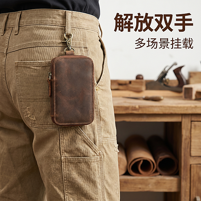 [主图-2] 复古疯马皮多功能挂包 挂载展示图。
[氛围风格] 复古美式粗犷风格，真实使用场景氛围；
[画质] 商业摄影质感、光线柔和通透、产品清晰真实、画面干净高级。
[元素] 展示男士裤腰佩戴效果，亚洲男性模特穿复古卡其色工装裤，腰部挂着这款疯马皮挂包，只展示腰部到大腿部分，突出挂包佩戴方式和大小比例。保持挂包外观（物理结构、材质质感、颜色）与输入产品图绝对一致，杜绝任何变形和色差，精细化处理。商品主体占比严格控制在60%-70%之间，画面满屏无边框。背景做旧浅复古工装场景，简洁干净。
[光影] 自然光柔和漫射，主光从左前方打来，突出皮革纹理和佩戴立体感，阴影柔和不生硬。
[配色] 主色调复古棕色，搭配卡其色工装裤，背景浅木色，整体和谐统一复古感。
[视角构图] 平视四分之三角度，腰部挂包为视觉中心，景深适中，背景轻微虚化。
[文字版式] 右上负空间右对齐，两行文案：大字"解放双手"，小字"多场景挂载"，深棕色文字，浅背景对比清晰，不遮挡主体。
[比例分辨率] 1:1比例，2k分辨率；文字清晰锐利，画面超高清。
[负向提示词] 变形，水印，文字错乱，产品图模糊，背景杂乱