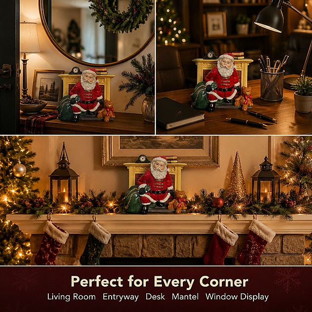 Multiple placement scenarios collage main image for Christmas decor. Split into 3 scene panels showing the Santa fireplace figurine in different home locations: top left panel - entryway console table with mirror and wreath; top right panel - home office desk with notebook and pen holder; bottom large panel - fireplace mantel with stockings and garland. Each panel shows the product naturally placed in its environment, warm Christmas lighting, cozy atmosphere. Keep the product appearance, size proportion, and colors exactly consistent with input image across all panels. Between panels, thin elegant white divider lines. Bottom center has English text title in clean sans-serif font: "Perfect for Every Corner", with smaller text below: "Living Room  Entryway  Desk  Mantel  Window Display". Overall warm Christmas color palette, commercial lifestyle photography quality, each scene rich in detail and festive mood. 1:1 square ratio. Negative: deformed product, inconsistent product appearance, blurry, text error, watermark