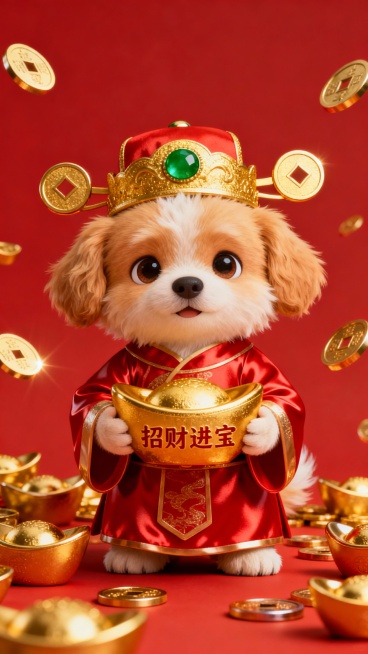 3D风格，一只可爱的卡通小狗，穿着红色的财神爷服装，头戴金色的财神帽，帽子上有绿色的宝石和金色的圆形装饰，双手捧着一个金色的元宝，元宝上有“招财进宝”的字样，周围散落着一些金色的铜钱和元宝，背景是纯红色，整体色彩以红色和金色为主，光影明亮，营造出喜庆、吉祥的氛围，小狗表情呆萌可爱，眼神灵动，毛发质感柔软蓬松，服装有丝绸的光泽感，元宝和铜钱有金属的质感和高光，构图居中，视觉焦点突出，符合春节喜庆……预览效果