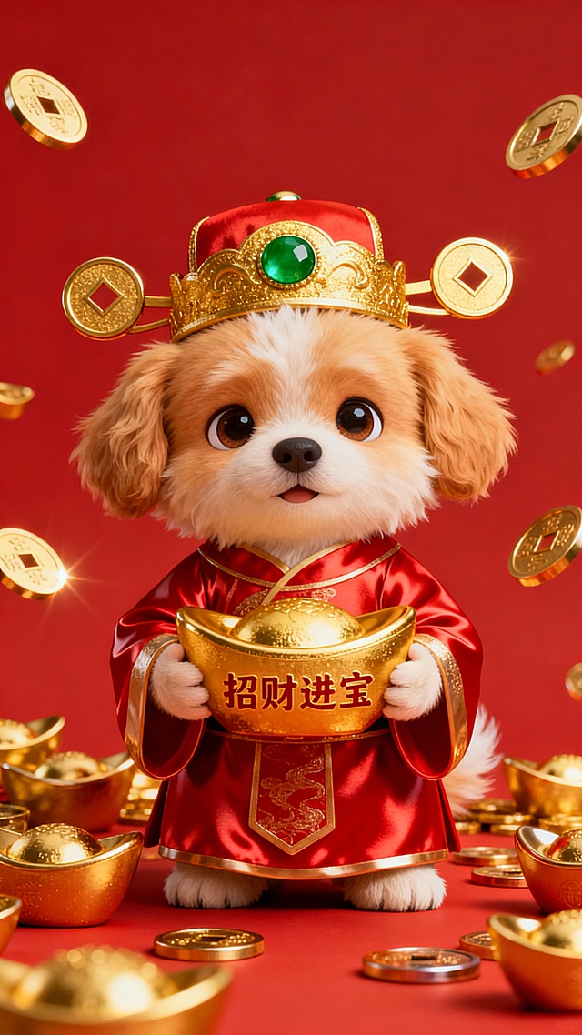 3D风格，一只可爱的卡通小狗，穿着红色的财神爷服装，头戴金色的财神帽，帽子上有绿色的宝石和金色的圆形装饰，双手捧着一个金色的元宝，元宝上有“招财进宝”的字样，周围散落着一些金色的铜钱和元宝，背景是纯红色，整体色彩以红色和金色为主，光影明亮，营造出喜庆、吉祥的氛围，小狗表情呆萌可爱，眼神灵动，毛发质感柔软蓬松，服装有丝绸的光泽感，元宝和铜钱有金属的质感和高光，构图居中，视觉焦点突出，符合春节喜庆的主题，信息传达清晰，设计感强。