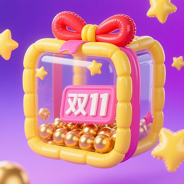 一个透明盒子（带有黄色装饰带、粉色和黄色星星装饰），盒子内装满金色圆球，还放置着带有 “双11” 字的牌子，礼盒顶部有红色与黄色搭配的蝴蝶结状封口