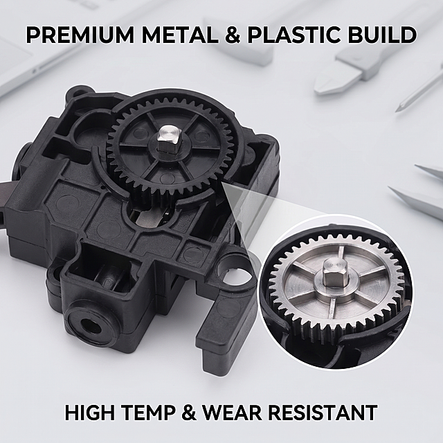 [主图 3] Material process details close-up, 3D printing office style. [atmosphere style] Clean professional industrial technology atmosphere; [picture quality] Commercial photography texture, soft and transparent light, clear and real product, clean and advanced picture. [elements] Keep the product appearance absolutely consistent with the input image. Close-up of the product's gear and extrusion structure, a small window on the right magnifies the metal core details to show the premium metal & plastic build. Background is clean light gray office desktop. Product close-up accounts for 75% of the picture, full screen without border. [light and shadow] Soft directional light highlights the material texture and gear bite details, clear layering, highlights the metal's metallic luster and plastic's wear-resistant texture. [color matching] Main color light gray background, product black, metal silver highlight. [perspective composition] Partial close-up, focus on the core structure, clear details. [text layout] Top title "Premium Metal & Plastic Build", bottom label "High Temp & Wear Resistant", text concise, do not block the main subject. All text in English. [proportional resolution] 1:1 ratio, 2k resolution, super high definition. [negative prompt] Deformation, watermark, text confusion, blurred product picture, messy background, Chinese characters