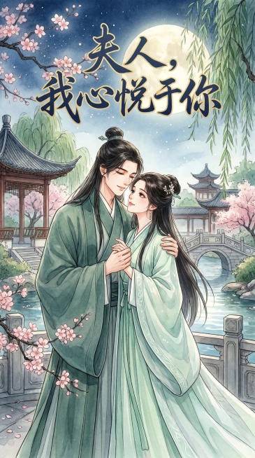 华丽古风漫剧封面，竖版9:16，结合提供的一男一女古风人物形象，人物之间有温柔互动，背景为雅致古风景色，不要纯白色背景，全图不要留白，画面中添加中文剧名“夫人，我心悦于你”，不要英文，整体画面细腻精致预览效果