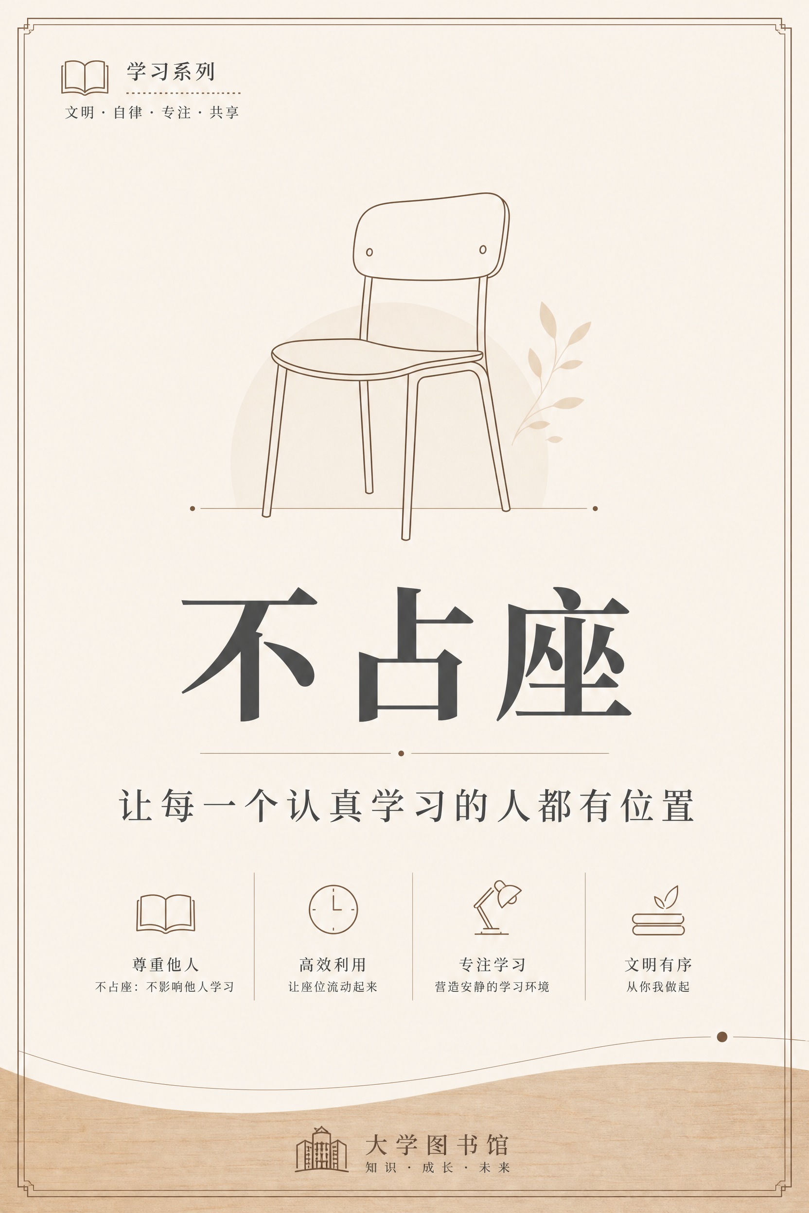 大学图书馆文明提示海报，极简校园公共空间风格，简约清爽克制高级… - 图片创意预览