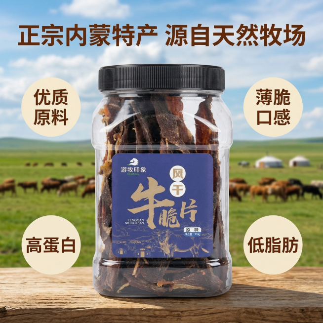 [主图主题] 内蒙产地核心卖点展示
[氛围/风格] 原生自然风格，真实溯源感，小红书氛围感
[画面元素] 罐装风干牛脆片放置在画面前景，背景是内蒙草原牧场风光，蓝天白云下的广阔牧场，成群的牛群在远处吃预览效果