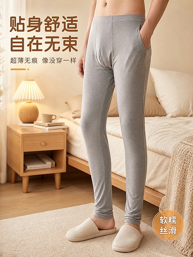 [主图-3] 真实场景穿搭图，居家舒适风格。展示男士穿着秋裤的真实居家场景，体现贴身舒适的穿着体验。
[统一基调] 居家舒适风，整体色调以暖米色、浅木色、奶白色为主，背景为温馨的卧室一角，传递温暖舒适的居家氛围。字体采用圆润无衬线字体，主标题字色为暖棕色，辅助字色为奶咖色，强调色为暖橙色。
[画面] 画面展示一位亚洲年轻男士的下半身（仅展示腰部以下，不露出面部），穿着浅灰色超薄秋裤，站在温馨的卧室床边。男士一只手自然插在裤袋附近，姿态放松自然，体现秋裤的贴身版型和舒适感。背景中可以看到浅色的床品、木质床头柜和一盏暖光台灯，营造居家氛围。秋裤清晰展示面料的贴身垂坠感和超薄特性。人物下半身占画面约60%。
[光影质感] 温馨居家摄影质感，暖黄色调柔和光线，来自台灯和窗边的自然光，面料呈现自然的褶皱和柔软质感，整体氛围温暖舒适。
[配色] 主背景暖米色调，产品浅灰色，家具浅木色，整体暖色调温馨舒适。
[文字版式] 画面左上角排版，大主标题"贴身舒适 自在无束"，下方小字副标题"超薄无痕 像没穿一样"。右下角有一个小标签"软糯丝滑"。文字不遮挡人物和产品主体。
[输出要求] 3:4竖版比例，文字清晰，产品清晰，人物姿态自然。负向：变形、错字、模糊、杂乱、水印、平台Logo、面部露出、肢体畸形、手指异常。