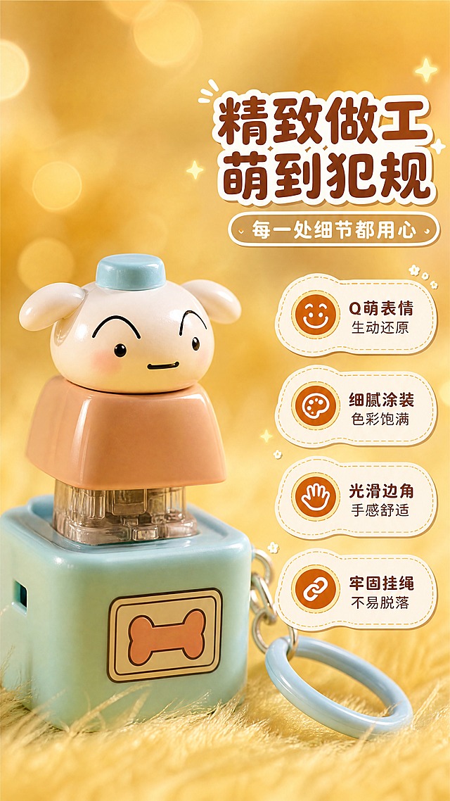 [商品] 使用【图1】中的小白款发声钥匙扣；保留小白小狗造型、浅蓝色底座、发声按键、挂绳结构与颜色；商品处理：微距特写头部和上半身，增强塑料涂装质感、眼睛高光和面部细节，不改变造型和颜色。
[画面] 页面目标：细节质感，展示角色造型精致度与做工。构图：左侧大特写小白钥匙扣的头部和上半身，产品占画面55%，右侧留白放文案，背景是暖黄色毛绒织物虚化，前景角色面部细节，中景钥匙扣主体，后景暖黄虚化+光斑，≥3层环境元素。阅读动线：左图右文。
[视觉] 套系策略：风格=萌系治愈暖调商业摄影；标题字=圆润粗黑卡通体；正文字=圆角无衬线体；主色=暖橙黄；背景延展=基于暖橙黄做深浅渐变、毛绒质感与柔焦光斑；强调色=奶白色，仅用于小面积标签、圆点装饰和引线；标题色=深橙棕色；正文色=暖棕色；组件=圆角云朵形信息卡、虚线边框、小星星装饰；光影=左前侧暖柔光，柔和阴影，整体温馨治愈。
[文字] 右上主标题"精致做工 萌到犯规"，副标题"每一处细节都用心"，下方4个短卖点：「Q萌表情 生动还原」「细腻涂装 色彩饱满」「光滑边角 手感舒适」「牢固挂绳 不易脱落」；所有文字横排，不遮挡角色面部，文字层级清晰，手机端可读。
[规格] 图片比例9:16竖版，4K，避免变形、错字、文字过小、冷蓝/蓝灰背景、角色颜色改变、结构失真、极限词。