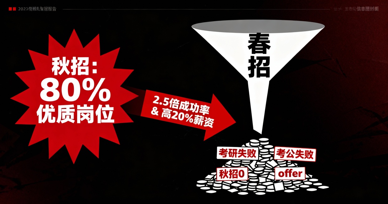 [image-一张信息图风格的封面。左侧是醒目的红色爆炸图形状，内嵌文字“秋招：80%优质岗位”。右侧是一个巨大的、向下倾斜的漏斗，漏斗口狭窄处写着“春招”，漏斗下方堆积着大量“考研失败”“考公失败”预览效果