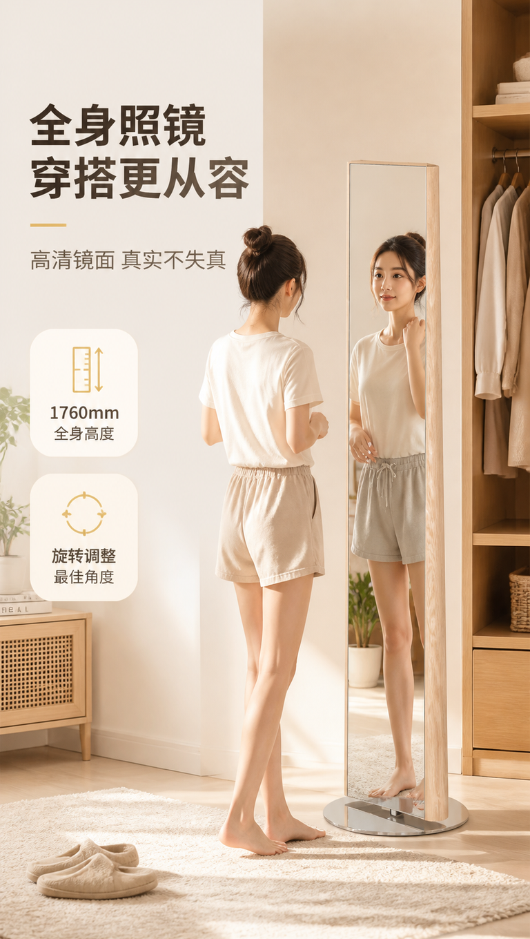 [商品] 使用【图1】DF-8810原木风旋转穿衣镜；保留圆柱… - 图片创意预览
