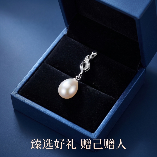 [主图 5] 珍珠吊坠礼赠礼盒展示。
[氛围风格] 高级仪式礼赠感，精致浪漫氛围。
[画质] 商业摄影质感，画面清晰通透，整体高级干净。
[元素] 这款天然淡水珍珠S925银吊坠放置在高档深蓝色珠宝礼预览效果