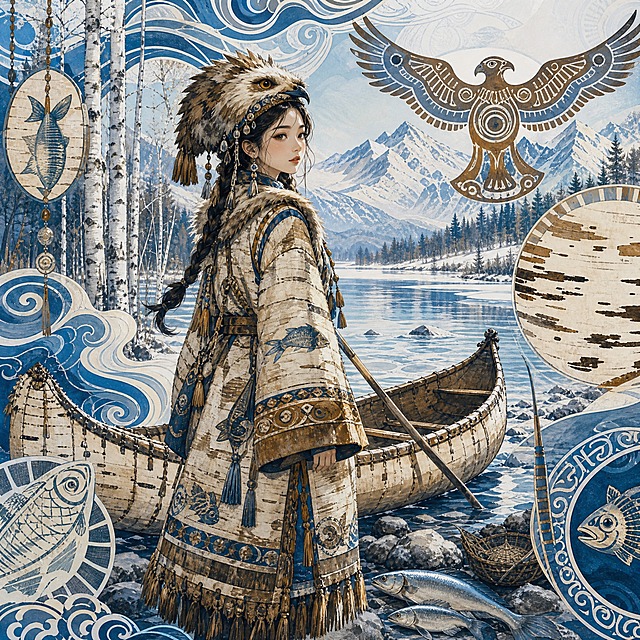 国潮插画，赫哲族主题，一位少女身着鱼皮衣风格的传统服饰，头戴兽皮帽饰，站在黑龙江边的桦皮船旁，身后是白桦林和雪山，周围有鱼纹图案、桦树皮纹样、神鹰图腾装饰，背景是冰蓝色渐变和水波纹，画面中无任何文字，国潮风格，蓝白棕配色，渔猎风情