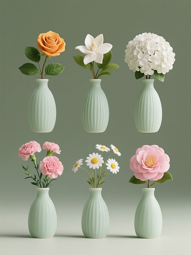 6个相同款式的淡绿色磨砂质感陶瓷花瓶，瓶身带有细密竖条纹肌理，分别插有不同种类的鲜花，从左到右、从上到下规整排列成2行3列的集合。第一个花瓶插着橙黄色玫瑰花，搭配绿色叶片；第二个花瓶插着白色栀子花，点缀绿叶；第三个花瓶插着粉色康乃馨，配以细小绿叶；第四个花瓶插着白色绣球花，带有蓬松花球；第五个花瓶插着白色小雏菊，中心呈黄色；第六个花瓶插着粉色山茶花，花瓣层层叠叠。所有花瓶置于纯色背景上，整体保持3D渲染的写实风格，光影柔和，花朵和花瓶细节清晰，色彩清新自然，形成和谐统一的系列素材。