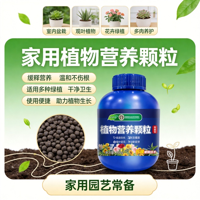 设计类型：电商正方形主图（800×800px），产品展示 + 卖点突出型
设计风格：清新自然、简约绿植风、干净专业
主体：植物营养颗粒产品瓶 / 袋、颗粒实物特写
装饰元素：绿叶元素、嫩芽图案、颗粒质预览效果