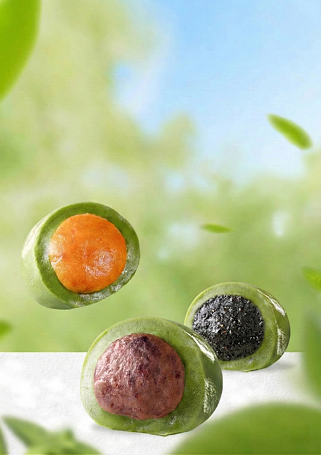 将右侧白色内馅的青团内馅替换为黑芝麻馅，保留黑芝麻馅油润、有细碎芝麻颗粒的质感，其余画面保持不变