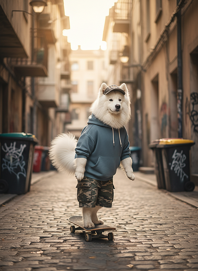 一幅小狗拟人化在滑滑板的场景图。画面中的小狗穿着休闲服，双脚踩在滑板上，前爪微微张开保持平衡，身体随着滑板的晃动而小幅倾斜，显得既紧张又兴奋。它的眼神紧紧盯着前方的路面，透露出一丝专注，尾巴却不自觉地向上翘起。滑板下方是铺着鹅卵石的小巷，旁边散落着几个彩色的垃圾桶，营造出随性的街头氛围。背景是错落有致的矮房和斑驳的墙面，强调了市井生活的真实感。​