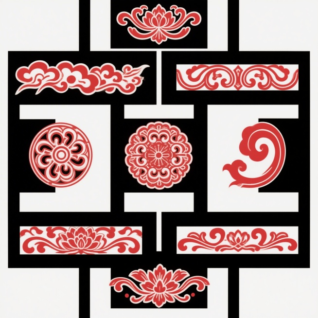 纯白色背景上，整齐矩阵式排列6个正红色中式传统花纹，分别是云纹、回纹、缠枝莲纹、如意纹等经典纹样，线条细腻流畅，图案精致繁复，具有浓厚中国传统装饰风格，整体构图平衡对称，视觉清晰预览效果