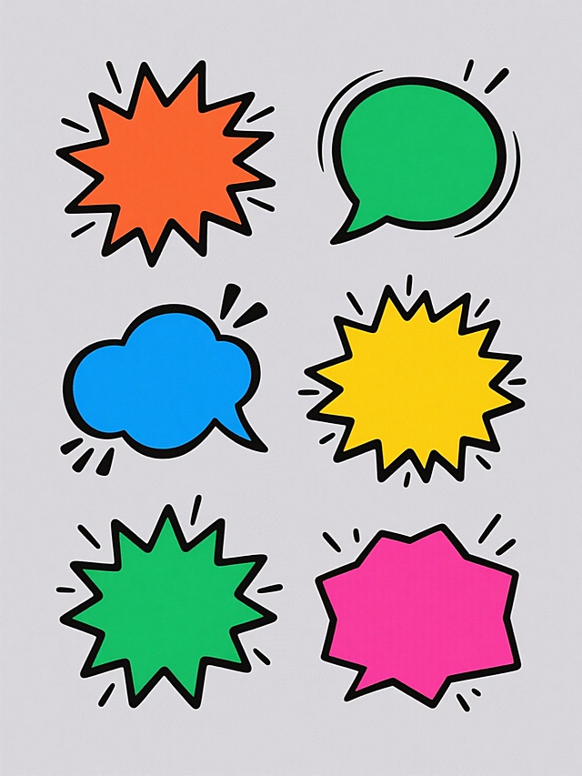 纯色背景上，规整排布六个完全不同形状的漫画风格爆炸对话框系列素材集合，每个对话框均保持原有的卡通手绘质感、醒目轮廓线条、内部纯色填充和向外放射的黑色速度线装饰元素，整体画面色彩变换为六个不同的鲜艳配色方案，维持统一的平面设计风格和活泼夸张的视觉张力。