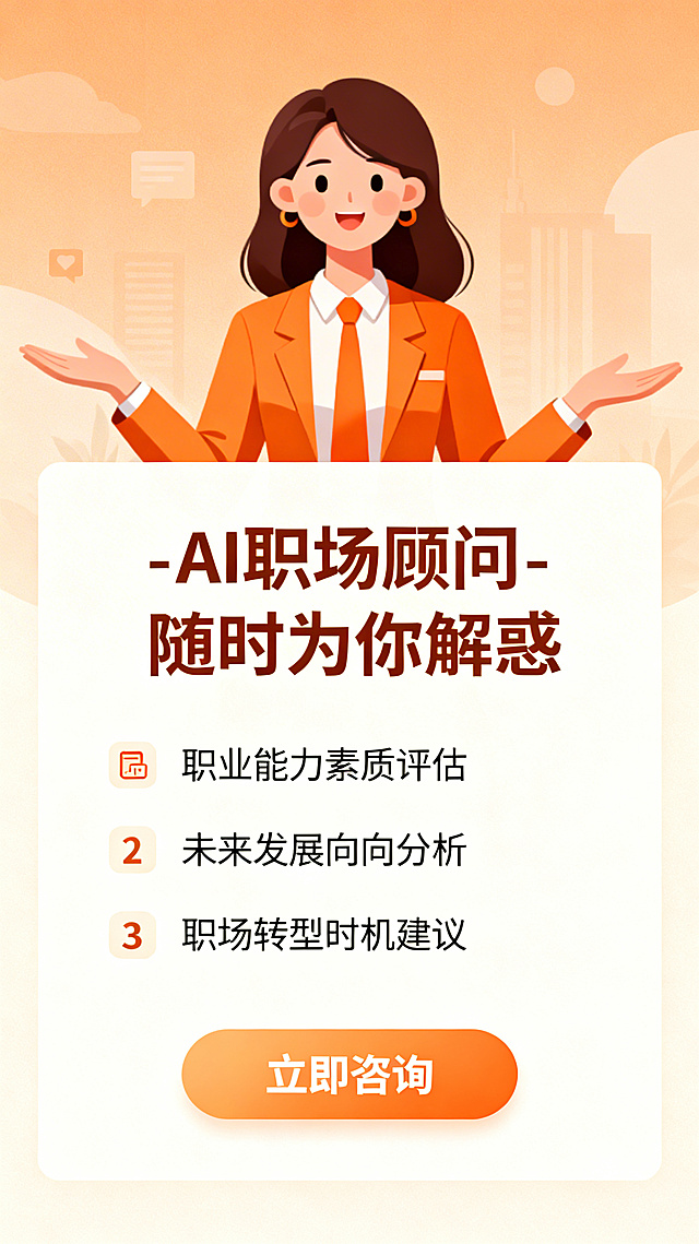 职场助手类产品功能详情页2，暖橙+米白配色，卡通职业女性形象，标题为"AI职场顾问 - 随时为你解惑"，内容分点展示：1. 职业能力素质评估；2. 未来发展方向分析；3. 职场转型时机建议，底部放置"立即咨询"按钮，风格亲切温暖