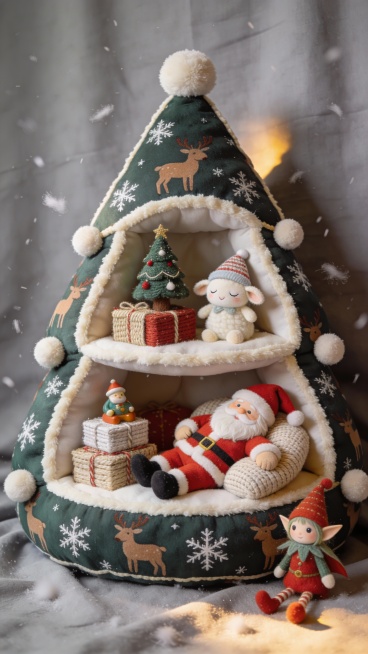 毛绒巨型抱枕造型圣诞树（抱枕印麋鹿雪花图案，边缘缝米白色绒边，表面缀立体毛绒球），抱枕内分层呈现慵懒场景：上层有迷你布艺圣诞树、针织礼物盒、戴睡帽的小羊玩偶；下层有躺姿圣诞老爷爷摆件、堆叠的毛线礼盒、预览效果