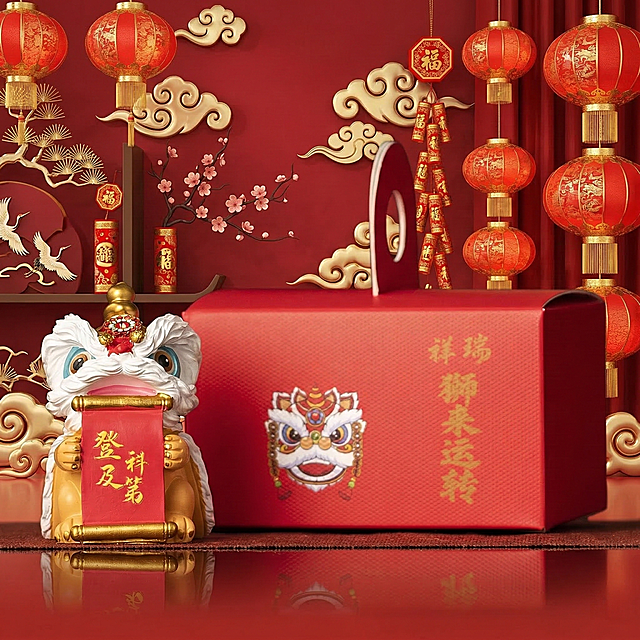 保留原图中的醒狮摆件和红色礼盒主体，将背景替换为喜庆的新春中式背景，有红色灯笼、金色祥云元素，氛围热闹红火，突出主体物品