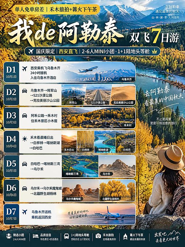 3:4竖版小红书文旅海报，我的阿勒泰双飞7日游，北疆金秋山林草原纪实质感，金秋金黄蓝绿色调，真实高清摄影质感，2K高清，以行程模块为重点。

顶部高亮小字条："单人免单房差｜禾木旅拍+篝火下午茶"
主标题醒目大字："我de阿勒泰｜双飞7日游"
副标题："国庆限定｜西安直飞｜2-6人MINI小团·1+1陆地头等舱"

【精简七日行程（海报视觉重点，每日行程配对应景点小图或图标，7天行程纵向排列，排版精致清晰）】
D1：西安乘机飞乌鲁木齐，24小时接机，入住乌鲁木齐酒店
D2：乌鲁木齐→将军山→S21沙漠公路→克拉美丽沙山公园
D3：阿禾公路→禾木村，住禾木景区小木屋
D4：禾木看晨曦日出→白桦林→喀纳斯湖→白哈巴
D5：白哈巴→喀纳斯三湾→乌尔禾
D6：乌尔禾→乌尔禾魔鬼城→北疆野生胡杨林
D7：乌鲁木齐送机，乘机返回西安

整体风格：小红书爆款文旅海报风格，北疆阿勒泰金秋主题，背景为山林草原湖泊金秋风光，金黄蓝绿色调，文字排版清晰有层次，主标题醒目大气，七日行程模块为视觉重点占据海报主要版面，排版精致易读，高级质感，3:4竖版构图。