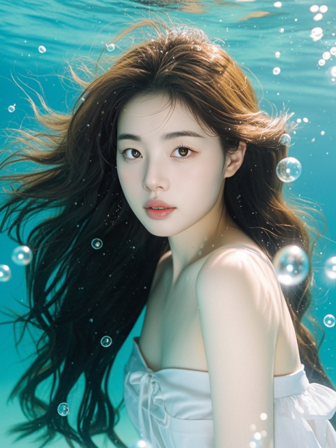 长发少女，水下写真，周围少量气泡装饰，正面视角，清透梦幻氛围，商业摄影预览效果