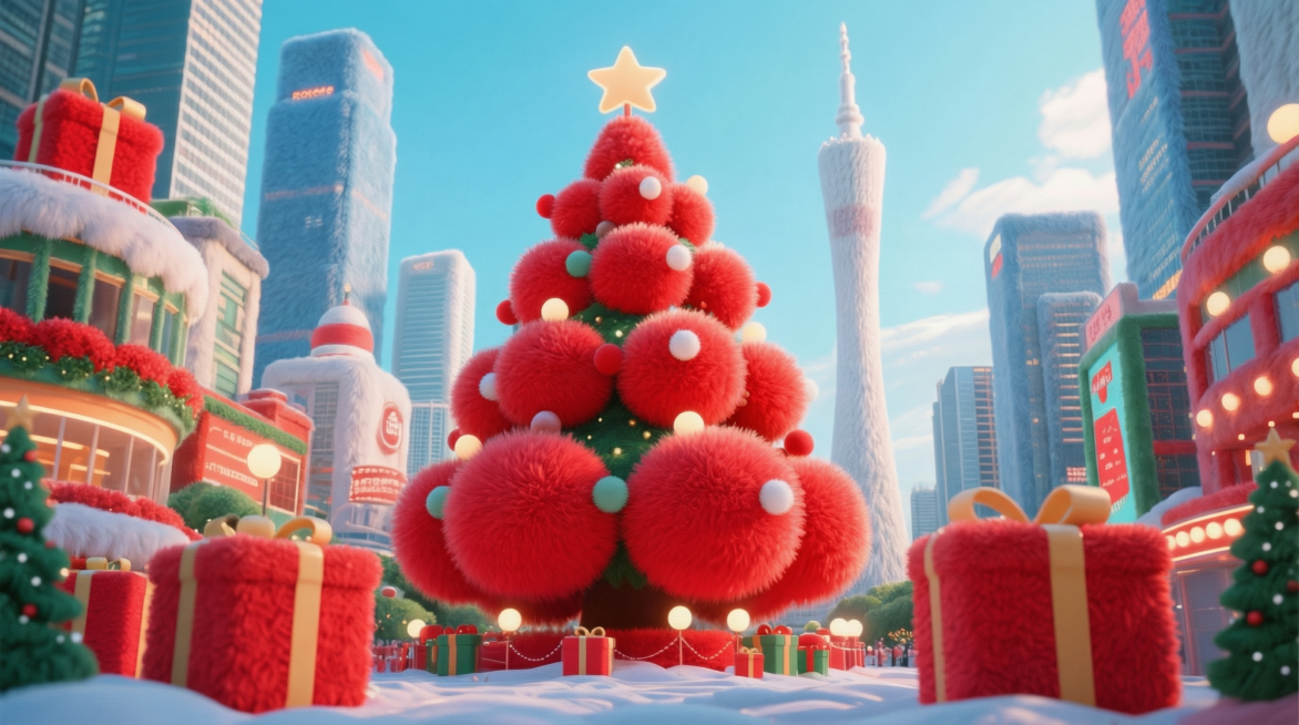 圣诞氛围感的广州CBD，周边高楼大厦被红色圣诞礼物装饰，广州塔变身巨大的圣诞树，整体场景呈现出毛绒质感，4K超高清画质，细节丰富，光影柔和，充满节日温馨氛围预览效果