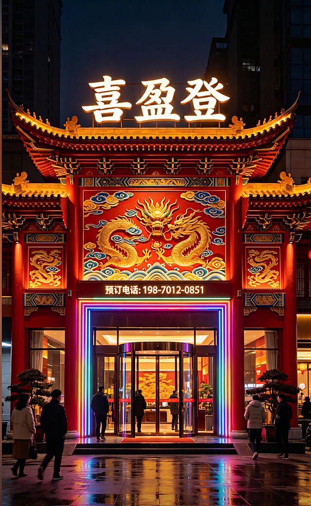 修改图片中的招牌，将原来的文字“喜来登”换成新名称“喜盈登”，将电话“153-6989-7234”替换为“198-7012-0851”，保持原图片的中式建筑外观、夜景灯光、整体风格和布局不变，只修改招牌文字内容