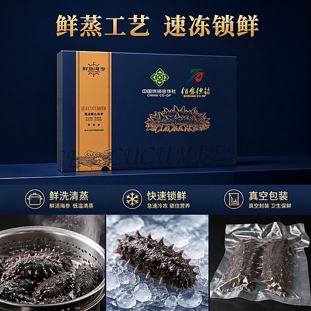 「图片1」设计为京东商城规格的主图，产品为鲜食海参，主图要突出供销社LOGO背书，产品品牌名是佰年供销。