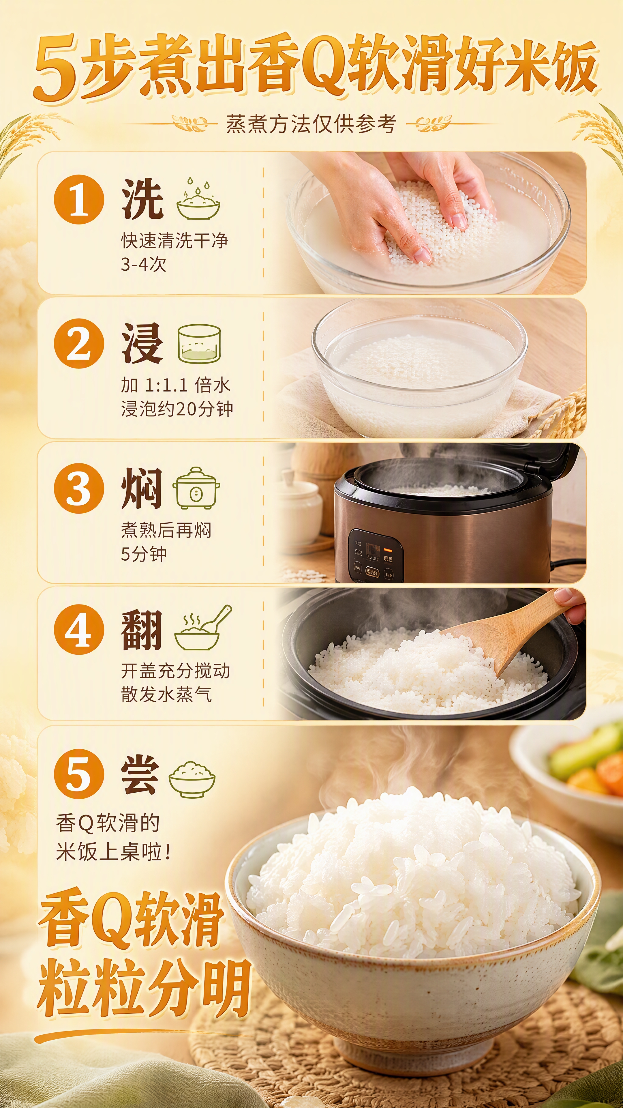 [第3张] 蒸煮方法页-5步煮出香Q米饭。 [氛围/风格] 家… - 图片创意预览