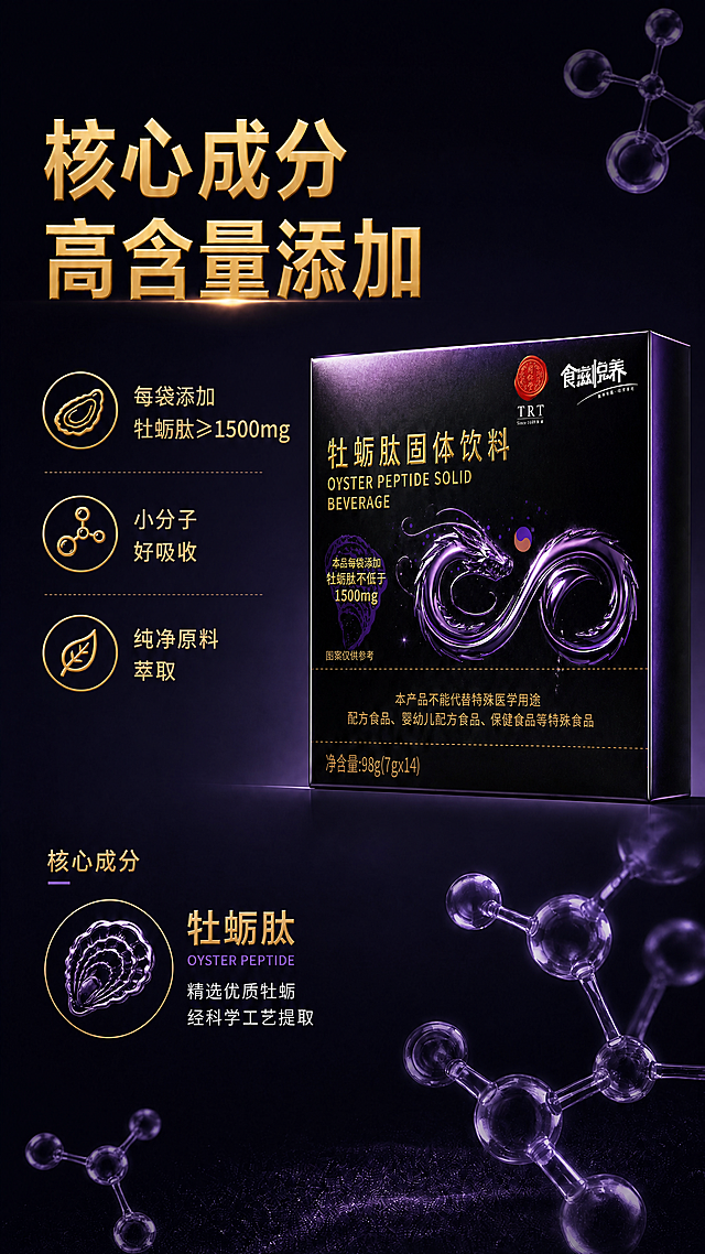 保留原图的整体构图、紫色黑调背景、所有文字文案、透明分子结构装饰，只将图中的产品包装盒替换成https://5.png中的产品盒，完整保留新产品盒子的所有文字、图案、颜色和包装细节，和原图光影风格保持一致，自然融入背景，光影融合匹配，不要改变其他任何元素和布局。