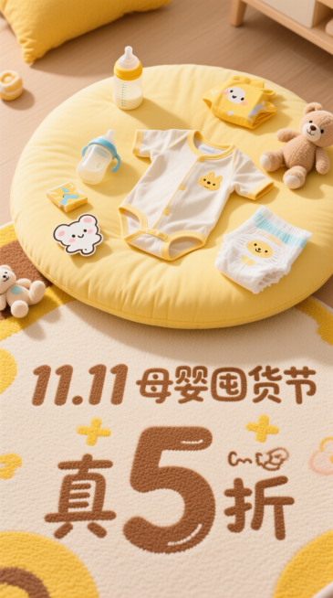 俯视视角聚焦浅黄柔软垫，上散放婴儿连体衣、硅胶奶瓶、卡通纸尿裤、毛绒玩具（小尺寸）。底部地毯上印着浅棕艺术字 “11.11 母婴囤货节”，手写风 “真 5 折” 在下方，“5” 大字突出。配色黄 +预览效果