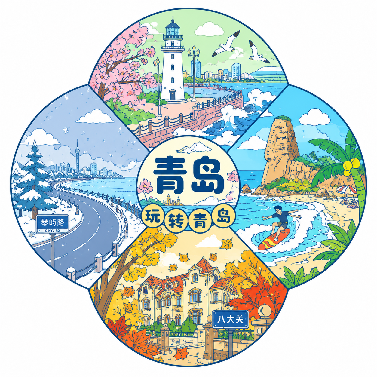 参考图中的四叶草花瓣形圆形构图、扁平描边插画风格、中心圆形标题… - 图片创意预览